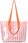 Women’s Waterproof PVC Tote Bag with Long Strap,Trendy Summer Stripe Plastic Top Handle Bag for Vacation Beach Travel