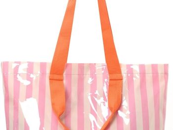 Women’s Waterproof PVC Tote Bag with Long Strap,Trendy Summer Stripe Plastic Top Handle Bag for Vacation Beach Travel