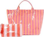 Striped Tote Bag Set, Waterproof PVC Tote Bag with Cosmetic Purse, Stripped Top Handle Bag for Vacation Beach Travel