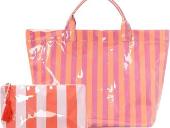 Striped Tote Bag Set, Waterproof PVC Tote Bag with Cosmetic Purse, Stripped Top Handle Bag for Vacation Beach Travel