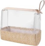 Boho Small Clear PVC Waterproof Makeup Bag with handle, Transparent Zipper Cosmetic Bag for Travel, Beach Bag for Sun screen Skincare (02 Beige-1)