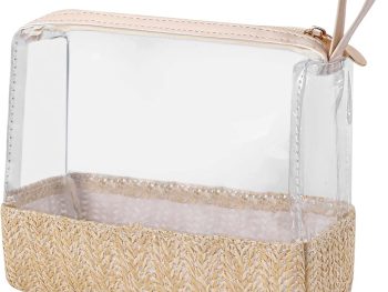 Boho Small Clear PVC Waterproof Makeup Bag with handle, Transparent Zipper Cosmetic Bag for Travel, Beach Bag for Sun screen Skincare (02 Beige-1)