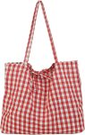 Gingham Tote Bag Canvas Cute Plaid Bow Tote Lightweight Shoulder Bag Gingham Large Capacity Beach Handbag