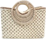 Hand-woven Straw Bag Women Summer Beach Handbag Purse Retro Rattan Tote Clutch Travel Bag with Wood Round Top Handle