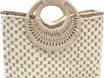 Hand-woven Straw Bag Women Summer Beach Handbag Purse Retro Rattan Tote Clutch Travel Bag with Wood Round Top Handle