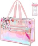 Iridescent Beach Bag for Women, Large Waterproof Sandproof Beach Tote Bag Holographic Clear Tote Purse with Zipper