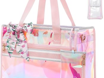 Iridescent Beach Bag for Women, Large Waterproof Sandproof Beach Tote Bag Holographic Clear Tote Purse with Zipper