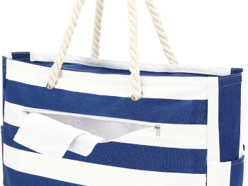 Beach Bags Waterproof Sandproof for Women, Large Canvas Pool Bag with Leakproof Wet Pocket & Zipper Cruise Essentials