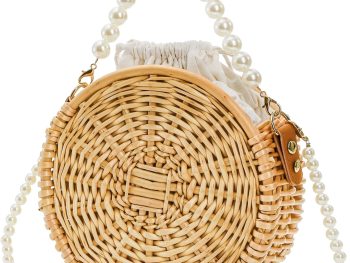 Round Rattan Bag, 8" Hand-woven Wicker Basket Purse, Boho Crossbody Handbag With Pearl Strap Handle, Retro Summer Beach Straw Tote Clutch for Women