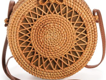 Round Rattan Bag for Women, Bohemian Style Handwoven Straw Crossbody Bags for Summer Vacation