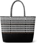 Handwoven Super Tote Bag for Women | Recycled Plastic Shoulder Purse | Summer Beach, Pool, and Travel Handbag (Black & White Gold)