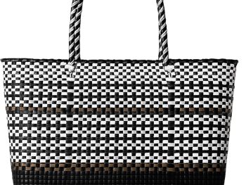 Handwoven Super Tote Bag for Women | Recycled Plastic Shoulder Purse | Summer Beach, Pool, and Travel Handbag (Black & White Gold)