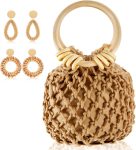Mini Clutch Tote Handbag 2 Pairs Rattan Earrings for Women Crossbody Bag Bohemian Woven Clutch Bucket Handbag