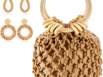 Mini Clutch Tote Handbag 2 Pairs Rattan Earrings for Women Crossbody Bag Bohemian Woven Clutch Bucket Handbag