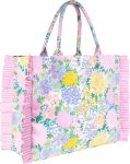 Ruffle Tote Bag, Cotton Canvas Shoulder Tote with Ruffle Detail, Flat Base, Durable Straps, Large Carryall for Travel & Everyday Use