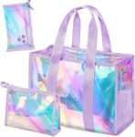 Iridescent Beach Tote Bag for Women - Waterproof Pool & Swim Bag with Detachable Makeup Case & Phone Pouch