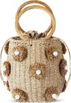 Summer Straw Bags for Women - Beach Drawstring Straw Bucket Tote Pearl Flower Diamond Rattan Handbag