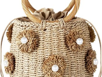 Summer Straw Bags for Women - Beach Drawstring Straw Bucket Tote Pearl Flower Diamond Rattan Handbag